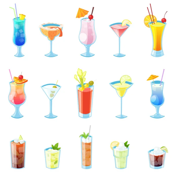 Illustration Vectorielle Cocktails Alcoolisés Tropicaux Ensemble Icônes Boissons Boissons Isolées — Image vectorielle