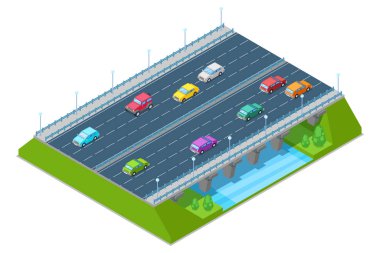 Karayolu köprüsü nehrin üzerinden geçiyor, vektör izometrik 3D illüstrasyon. Ulaşım ve modern yol inşa kavramı.