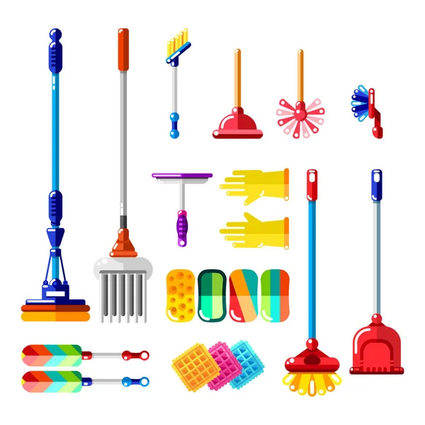 Household Cleaning Tools Supplies Vector Illustration Multicolor Mop Brush Sponge — Stock Vector