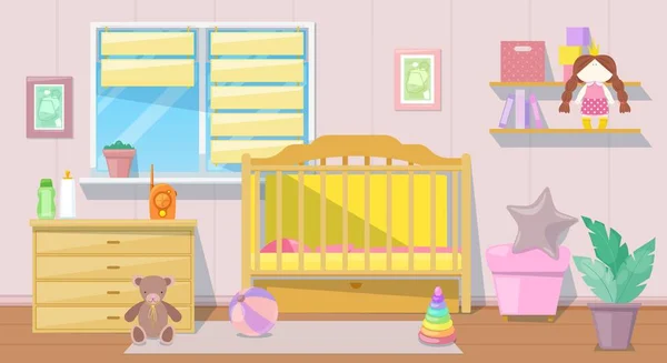 Menina Bebê Interior Quarto Rosa Ilustração Desenho Animado Vetor Mobiliário — Vetor de Stock