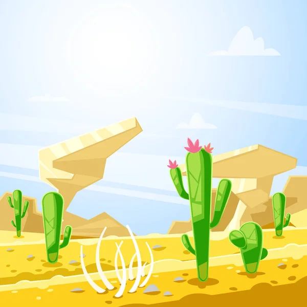 Пустынный Пейзаж Векторная Иллюстрация Кактусы Камни Песчаные Дюны Мультипликационный Фон — стоковый вектор