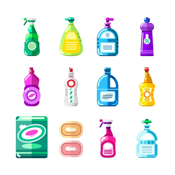 Produits Chimiques Ménagers Nettoyants Détergents Illustration Vectorielle Bouteilles Multicolores Récipients — Image vectorielle