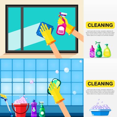 Ev işi ve temizlik hizmeti konsepti. Pencere ve banyo fayansları temizleniyor. Vektör paneli şablonu.
