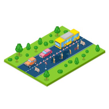 Yol onarımı, yol çalışması ve inşaat konsepti. Vektör 3 boyutlu izometrik çizim. Şehir yolu yeniden inşa için kapalı. Üniformalı işçiler yolu asfaltlıyor..