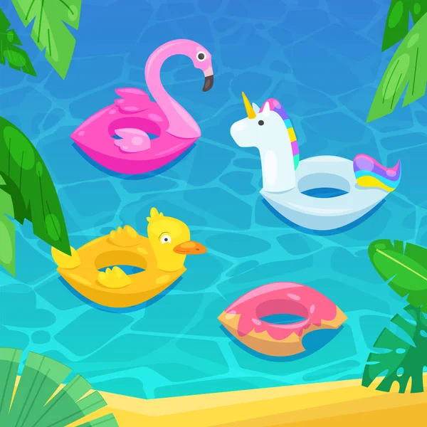 Meeresstrand Mit Bunten Schwimmern Wasser Vektorillustration Kinder Aufblasbares Spielzeug Flamingo — Stockvektor