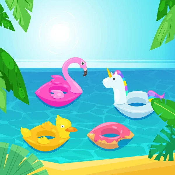 Meeresstrand Mit Bunten Schwimmern Wasser Vektorillustration Kinder Aufblasbares Spielzeug Flamingo — Stockvektor
