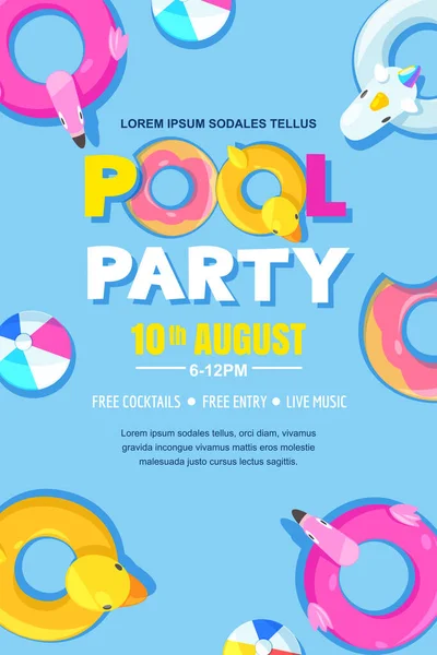 Sommerpoolparty Vektorposter Banner Layout Einhorn Flamingo Ente Ball Donut Schwimmen — Stockvektor