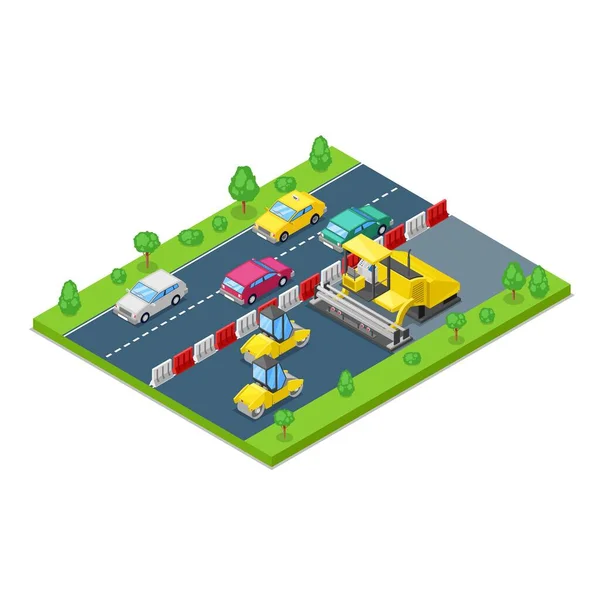 Concept Réparation Construction Routes Illustration Isométrique Vectorielle Machine Pavage Rouleaux — Image vectorielle