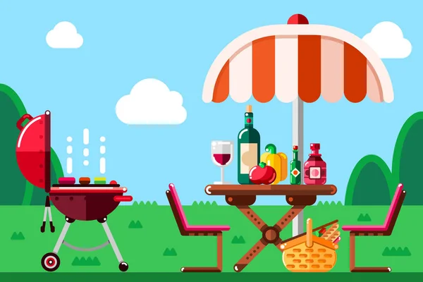 Summer barbecue picnic, vector flat illustration. BBQ grill, umbrella, table with food and wine on meadow.