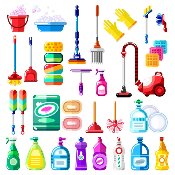 Ferramentas Limpeza Doméstica Detergente Suprimentos Ilustração Vetorial Esfregona Multicolor Aspirador — Vetor de Stock