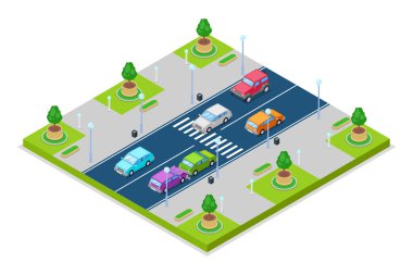 Araba kazası ve çarpma, vektör izometrik üç boyutlu çizim. Yaya geçidinin önünde trafik ışıklarıyla çarpışmış. Güvenlik sokak trafiği ve yol sigortası kavramı.