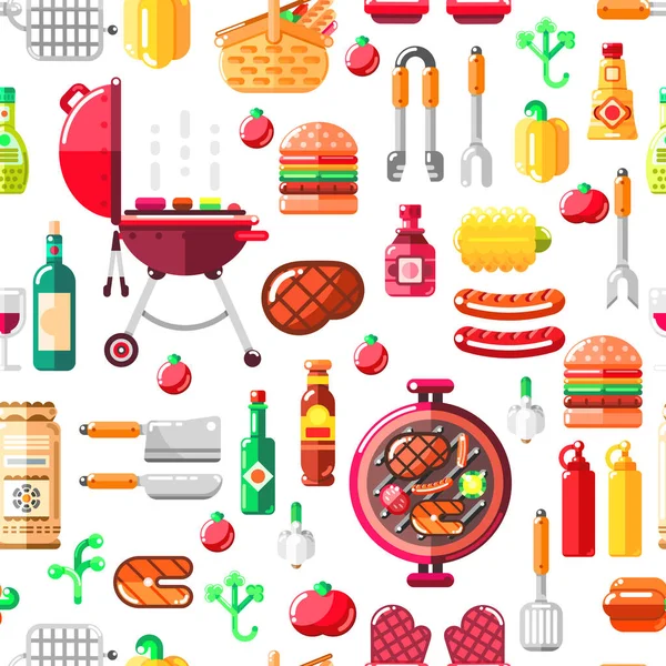 Barbecue Grill Naadloze Vector Patroon Bbq Voedsel Apparatuur Gereedschappen Illustratie — Stockvector