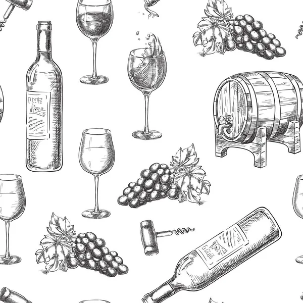 葡萄酒无缝矢量图案 手绘了瓶子 玻璃杯 葡萄藤 软木塞的图解 印刷或背景设计 — 图库矢量图片