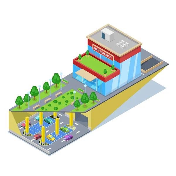 Underground Car Parking Shopping Mall Vector Isometric Illustration Urban Building — Stock Vector