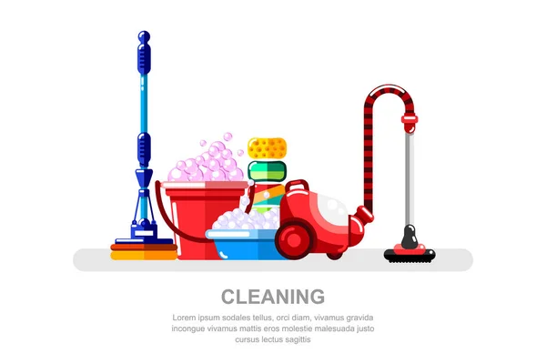 Conceito Trabalho Doméstico Serviço Limpeza Aspirador Balde Esfregão Ilustração Vetor — Vetor de Stock