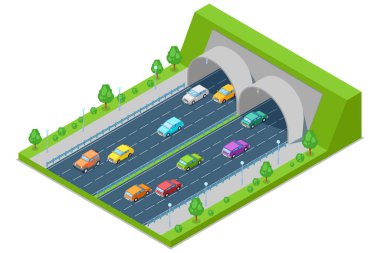 Otoyol dağ tünelinden geçiyor, vektör izometrik üç boyutlu illüstrasyon. Ulaşım ve modern yol inşa kavramı.