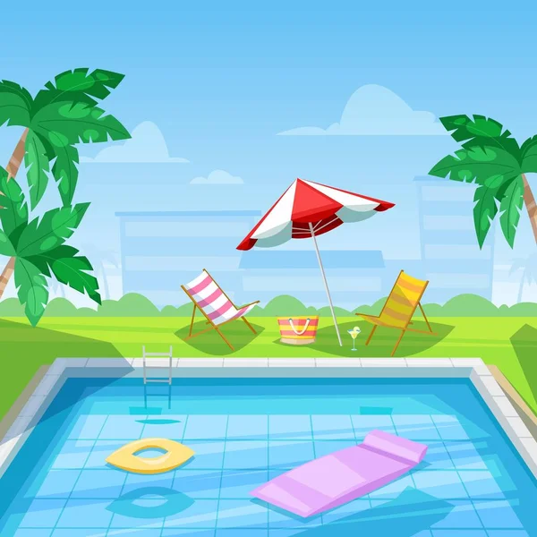 Hotelový Bazén Lehátkem Slunečníkem Vektorová Ilustrace Letní Cestování Dovolená Relaxační — Stockový vektor