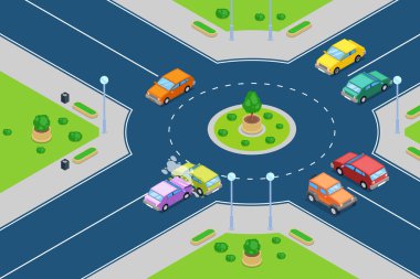 Car crash, vector isometric 3D illustration. Street accident at roundabout junction road. Safety street traffic and insurance concept. clipart