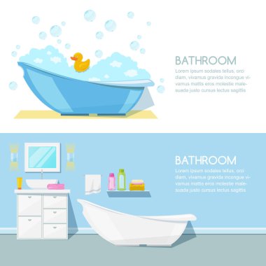 Banyo modern iç mekan, vektör pankart şablonu. Küvet, mobilya, hijyen ürünleri ve diğer tasarım unsurları.