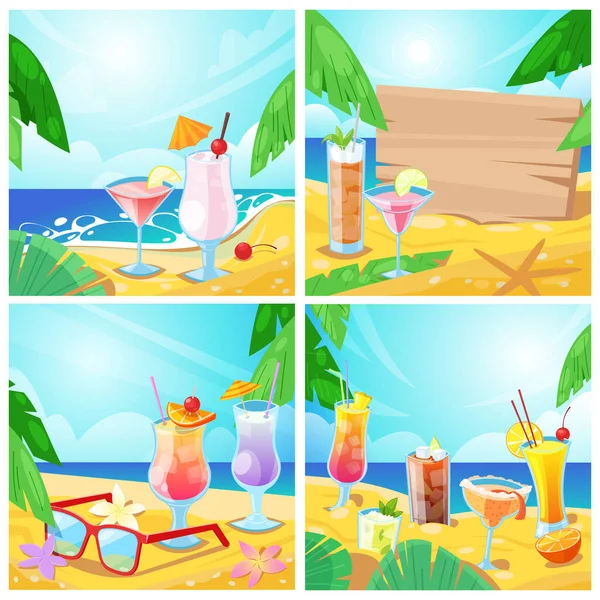 Cocktail Tropicali Vettoriali Beach Bar Concept Set Illustrazioni Estive Sfondi — Vettoriale Stock