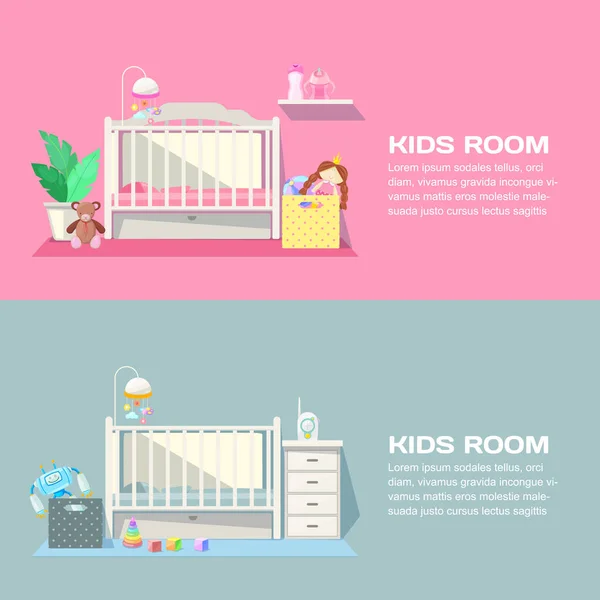 Baby Und Jungenzimmer Modernes Interieur Vektorbanner Schlafzimmermöbel Spielzeug Und Designelemente — Stockvektor