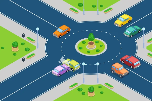 矢量等距3D插图 在环路交叉口发生的街头交通事故 街头交通安全和保险概念 — 图库矢量图片