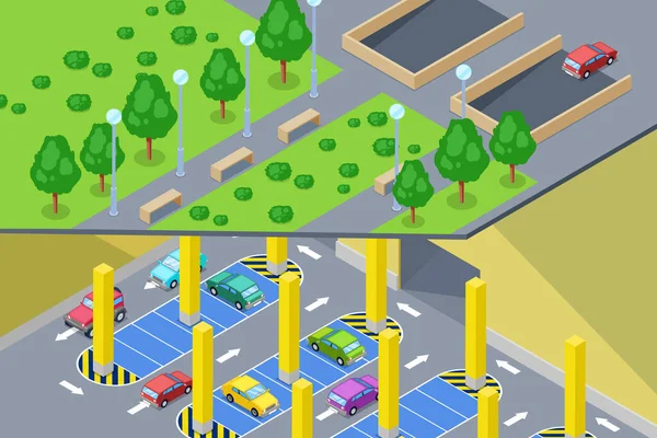 Parking Podziemny Wektorowa Izometryczna Ilustracja Koncepcja Budownictwa Miejskiego Transportu Miejskiego — Wektor stockowy