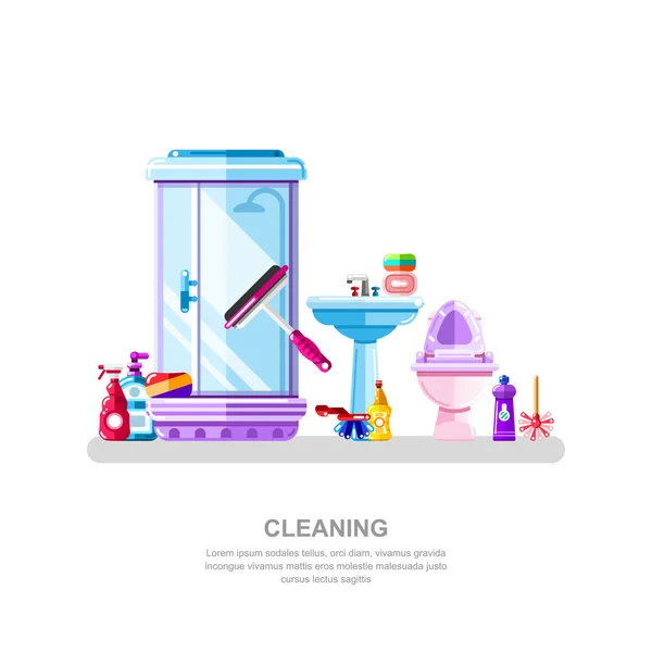 Sprzątanie Łazienkowe Sanitarne Ilustracja Wektora Kabiny Prysznicowej Zlewu Toalety Narzędzi — Wektor stockowy