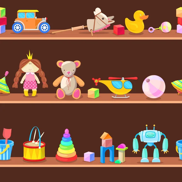 Armário Madeira Com Brinquedos Para Crianças Nas Prateleiras Fundo Vetorial — Vetor de Stock