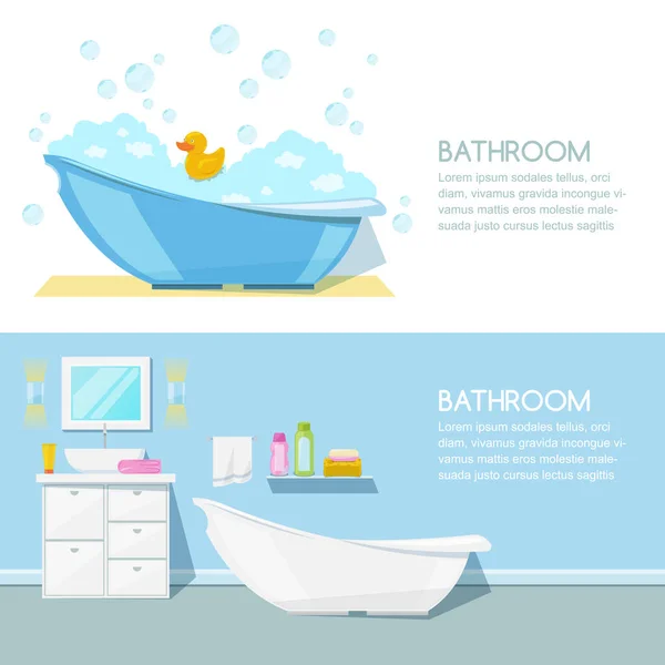 Baño Interior Moderno Plantilla Banner Vectorial Bañera Muebles Artículos Higiene — Vector de stock