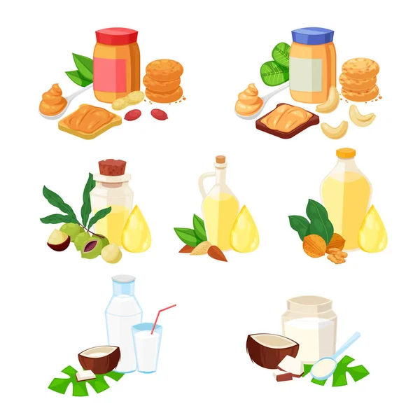 Beurre Noix Huile Essentielle Autres Produits Alimentaires Illustration Vectorielle Style — Image vectorielle