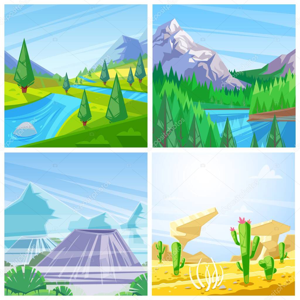 Set of vector landscape illustrations. Mountains, green hills and meadows, desert and volcanoes view. Outdoors and summer travel background.