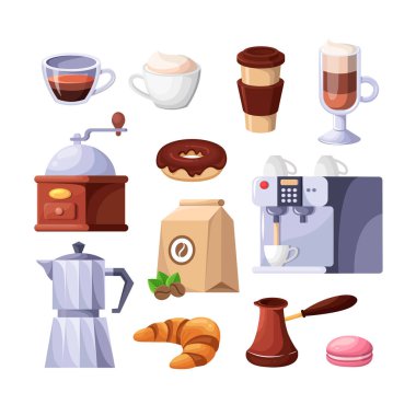 Kahve dükkanı vektörü ikonları izole etti. Espresso, cappuccino bardağı, tatlı tatlılar, kahve makinesi çizimleri. Kafe ya da restoran kahvaltı menüsü tasarım elementleri.