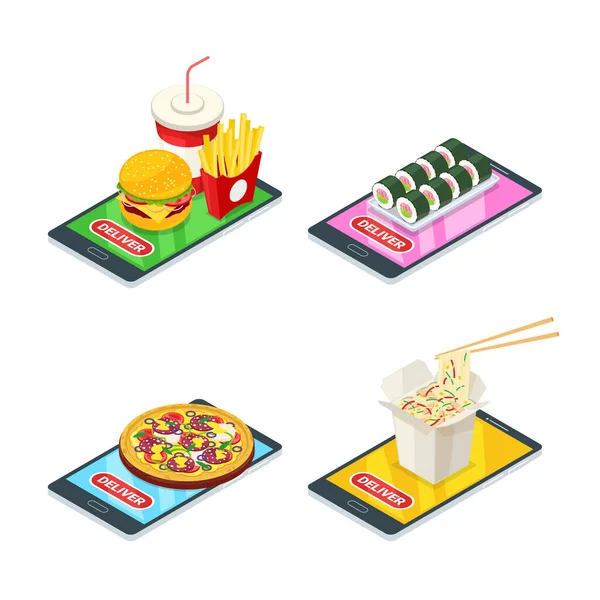 Consegna Del Cibo Ordine Online Set Icone Isometriche Vettoriali Pizza — Vettoriale Stock