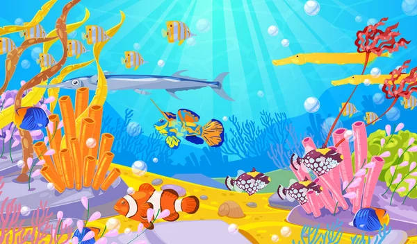 Подводная Морская Жизнь Векторная Карикатура Океан Морское Дно Красочными Рыбами — стоковый вектор