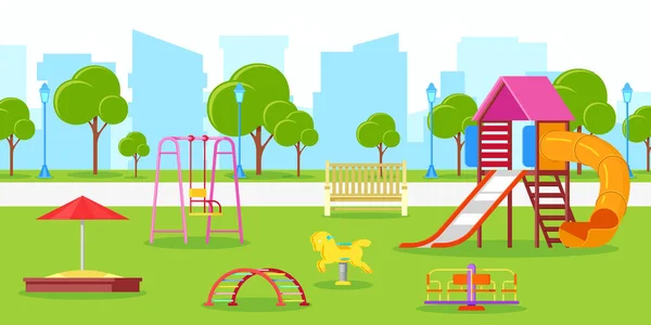公园里的幼儿园或儿童游乐场 媒介城市生活 休闲和户外活动图解 夏季或春季城市景观 — 图库矢量图片