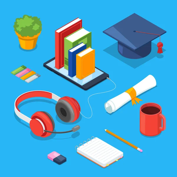 Concepto Educación Online Vector Iconos Isométricos Teléfonos Inteligentes Libros Auriculares — Vector de stock