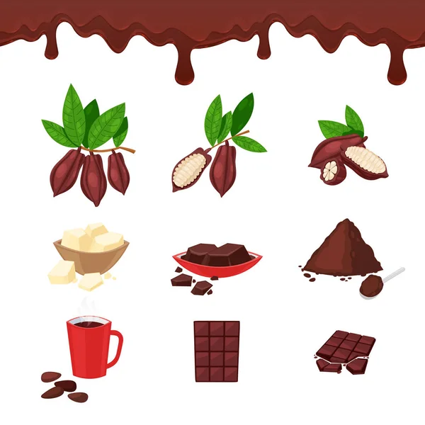Cacao Chocolate Elementos Diseño Dibujos Animados Vectoriales Conjunto Iconos Judías — Vector de stock