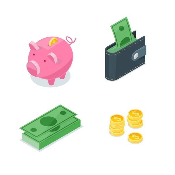 マネー3D等方式ベクトルアイコンを設定します 孤立した金融 投資および商業シンボル 貯金箱 財布イラスト — ストックベクタ