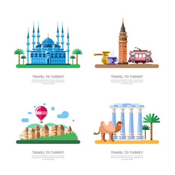 Viaje Turquía Elementos Diseño Estambul Mezquita Azul Capadocia Galata Torre — Vector de stock