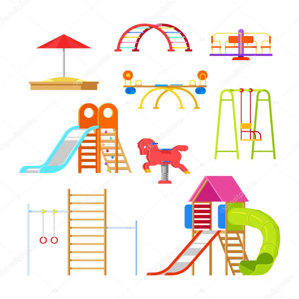 Kids playground and kindergarten, isolated icons and design elements. Swing, slide, sandbox and other outdoor play equipment. Vector cartoon illustration
