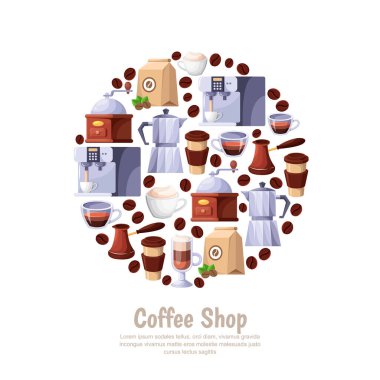 Kafe vektör dairesi etiketi beyaz arka planda izole edilmiş. Kafe veya fırın için çizgi film düz illüstrasyon tasarım elementleri.