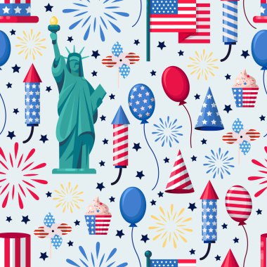 ABD bayramı kusursuz beyaz desenli. Vektör parmak izi geçmişi. Amerikan ulusal sembolleri, Bağımsızlık Günü kutlamaları.