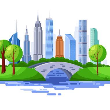 New York Central Park ve şehir gökdelen binaları. Vektör şehir manzarası illüstrasyonu.