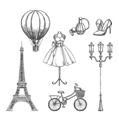 Fransa 'ya tek başına seyahat etmek izole tasarım elementleri gerektirir. Paris taslak vektör illüstrasyonu.