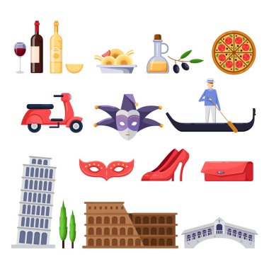 İtalya 'ya seyahat etmek tasarım elementleri. Roma, Venedik turistik yerleri, moda ve gıda illüstrasyonları. Vektör düz izole simgeleri ayarlandı.