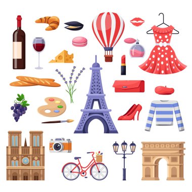 Fransa 'ya seyahat etmek tasarım elementleri. Paris turistik yerleri, moda ve yiyecek örnekleri. Vektör çizgi filmi izole edilmiş simgeler ayarlandı.