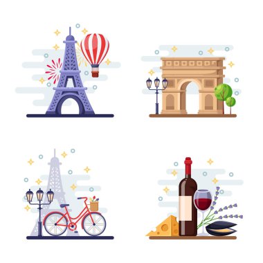 Paris vektör düz illüstrasyon seyahat. Şehir sembolleri, simgeler ve yiyecekler. Fransa simgeleri ve tasarım unsurları.