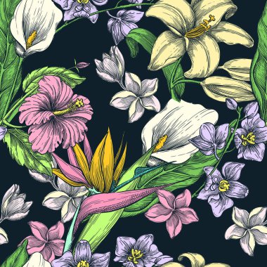 Tropik renkli çiçekler, siyah, pürüzsüz vektör deseni. Elle çizilmiş bir çizim. Moda tekstil baskısı veya çiçek arkaplan tasarımı.