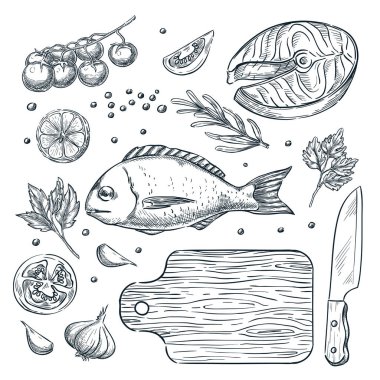 Balık dorado ve somon bifteği pişirme, vektör çizim çizimi. İzole edilmiş el yapımı gıda malzemeleri, sebzeler, baharatlar. Deniz ürünleri restoranı menüsü tasarım elementleri.